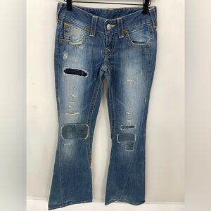 True Religion Vintage Y2K Low Rise Distressed Patchwork Flare Size 26 Jeans G10